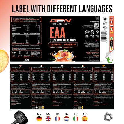 EAA pulveris 532 g - Visas 9 neaizvietojamās aminoskābes, ieskaitot histidīnu un BCAA - Human Code Formula - Amino treniņu dzēriens - Gards un lieliski šķīstošs - Vegāns (ledus tēja ar persiku)