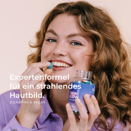 Yuicy Skin Glow - hialuronskābes želejkonfektes – bezcukura, augstas devas ādas vitamīni tīrai un skaistai ādai. Ar biotīnu, cinku un 6 citām uzturvielām. Vegāns un ražots Vācijā. 60 želejkonfektes.