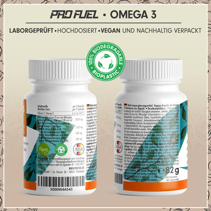 Omega-3 vegānas kapsulas 60x - 2000 mg aļģu eļļas dienā - augsta deva: 600 mg DHA + 300 mg EPA - augstas kvalitātes Omega-3 aļģu eļļas kapsulas ar DHA un EPA (2:1)