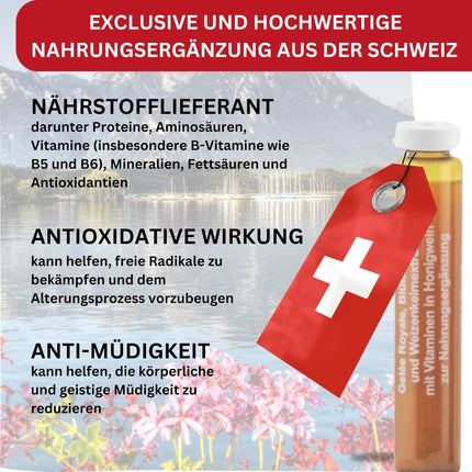 SwissBii peru pieniņa ampulu mēneša iepakojums – 100% tīri, dabīgi un augstas kvalitātes vitamīni. Enerģijas, imunitātes un ādas veselības atbalstam - ar medus vīnu