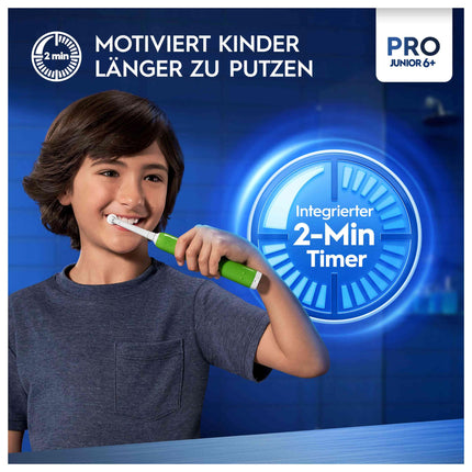Oral-B Pro Junior elektriskā zobu birste bērniem no 6 gadu vecuma, spiediena sensors, 3 tīrīšanas režīmi, tostarp jutīgais zobu kopšanas režīms, mīksti sariņi un taimeris, Braun dizains, zaļa