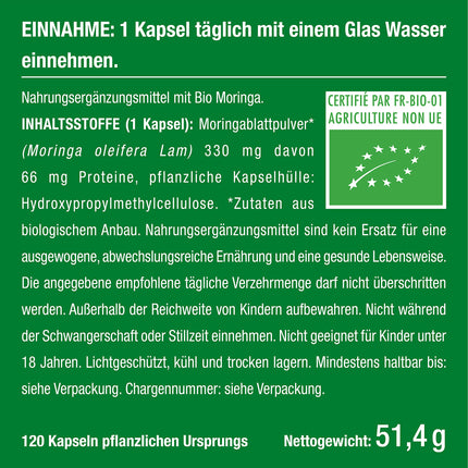 MORINGA Oleifera kapsulas | BIOLOĢISKI Sertificēts BEZ piedevām | Ražots Vācijā | Enerģijas tabletes 4 mēnešu krājumā | SUPERĒDIENS 100% VEGĀNS