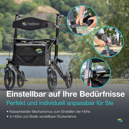 Helavo salokāms augstākās kvalitātes rollators ar sēdekli - individuāli regulējams alumīnija rollators - lieliski piemērots lietošanai gan iekštelpās, gan ārā
