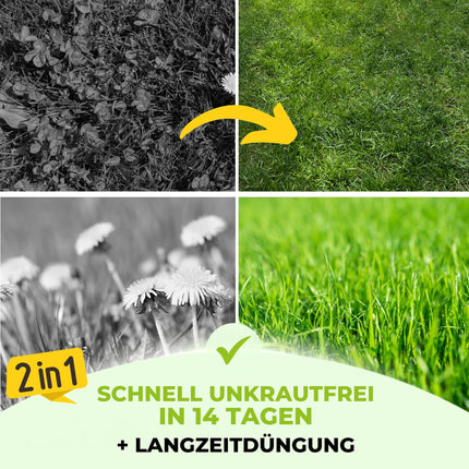 TerraUno zāliena mēslojums ar īpaši spēcīgu nezāļu iznīcinātāju, 100 dienu ilgtermiņa iedarbība, 5 kg uz 250 m², pret pienenēm, āboliņu un daudz ko citu. Zāliena nezāļu iznīcinātājs ar mēslojumu sulīgi zaļai zālei pavasarī un vasarā.