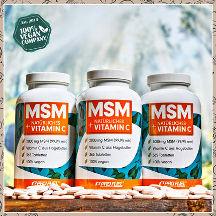 MSM 2000 mg dienā + dabīgs C vitamīns - 365 MSM tabletes ar metilsulfonilmetānu - kompaktāks MSM pulveris nekā MSM kapsulās - augsta deva ar 1000 mg uz MSM tableti - laboratoriski pārbaudīts ar sertifikātu