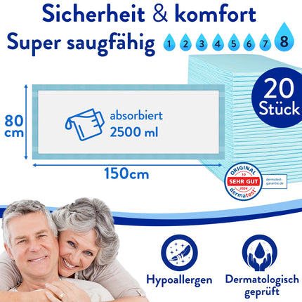 Harmony Care® 20 x XL nesaturēšanas gultas paliktņi, 6 slāņu aizsargieliktņi gultām - 80 x 150 cm absorbējoši medicīniskie paliktņi - neslīdoši nesaturēšanas paliktņi, vienreizlietojami
