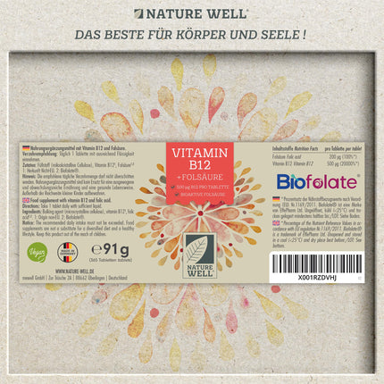 Augstas devas B12 vitamīns — 365 tabletes ar 500 µg B12 vitamīna + 200 µg folskābes vienā tabletē — ar metilkobalamīnu, adenozilkobalamīnu un hidroksokobalamīnu (B12 vitamīnu) — laboratoriski pārbaudīts ar sertifikātu — 100% vegāns