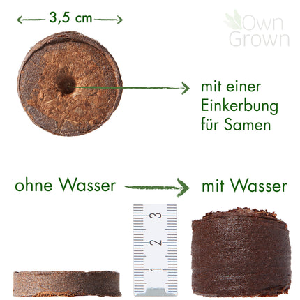 Kokosriekstu piebriedināšanas tabletes ar barības vielām – 40 gab., presēta kokosriekstu augsne augu audzēšanai bez izduršanas, bez kūdras – Audzēšanas augsne kokosriekstu no OwnGrown