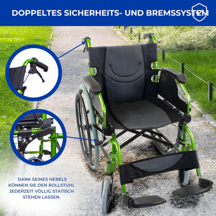 Mobiclinic®, Ratiņkrēsls, Bolonia, Alumīnijs, Salokāms un viegls, Salokāma dalīta atzveltne, Noņemams kāju balsts, Roku balsti, Pieaugušajiem, Zaļš