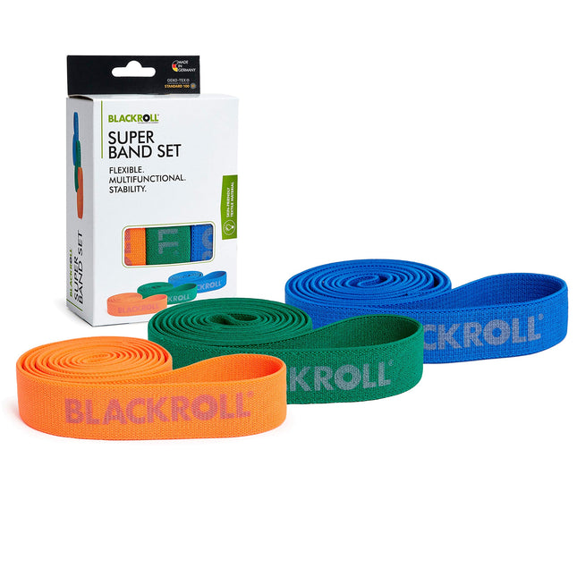 BLACKROLL® SUPER Band FITNESS BAND komplekts (3 gab.), vingrošanas lentes muskuļu stiprināšanai, elastīgas pretestības lentes 3 stipruma pakāpēs: viegla (oranža), vidēja (zaļa) un spēcīga (zila), ražots Vācijā