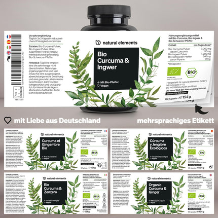 natural elements Bioloģiskā kurkuma un ingvers – 180 kapsulas – Bioloģiskā kurkuma, bioloģiskais ingvers un bioloģiskie pipari – ar kurkumīnu un piperīnu – Augsta deva – Ražots Vācijā un laboratorijā pārbaudīts vegāns
