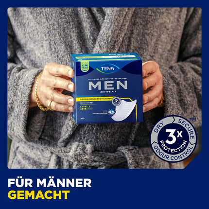 TENA MEN uzsūcošie ieliktņi, 2. līmenis — 60 ieliktņi mēneša iepakojumā (6 x 10), individuāli iesaiņoti — vīriešu higiēniskās paketes mērenai urīna zudumam un nesaturēšanai