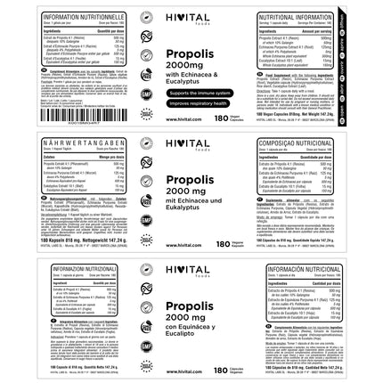 Propoliss 2000 mg. 180 vegāniskas kapsulas 6 mēnešu kursam. Propolisa ekstrakti ar 10% galangīna, ehinācijas ar 4% polifenolu un eikalipta ekstrakti. Ražotājs: HIVITAL
