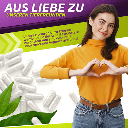 Vita2You hialuronskābe Ultra 650 mg - 90 vegānas kapsulas - augu izcelsmes, fermentētas - 500-700 kDa - augsta deva - 3 mēnešu krājumi - bez piedevām - hialuronskābe - augstākā kvalitāte