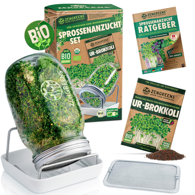 zengreens® organisko asnu audzēšanas komplekts – dīgšanas burciņa (1, 2 vai 3 gab.) – komplektā ietilpst dīgšanas burciņa, audzēšanas paplāte un dīgšanas sēklas – iekļauts 50 lappušu biezs ceļvedis un 10 daļu tiešsaistes video kurss