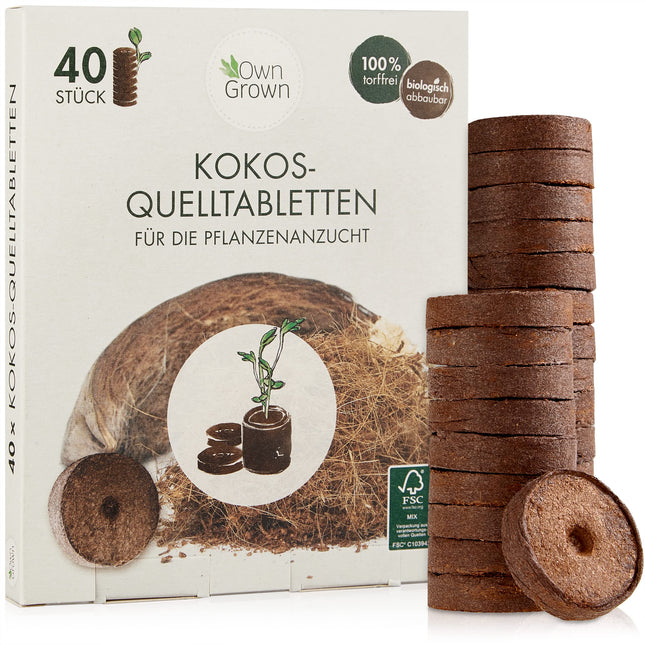 Kokosriekstu piebriedināšanas tabletes ar barības vielām – 40 gab., presēta kokosriekstu augsne augu audzēšanai bez izduršanas, bez kūdras – Audzēšanas augsne kokosriekstu no OwnGrown