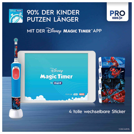 Oral-B Pro Kids Spiderman elektriskā zobu birste bērniem no 3 gadu vecuma, ieskaitot Sensitive+ režīmu zobu kopšanai, īpaši mīksti sariņi, 1 birstes galviņa, 4 uzlīmes, zila/sarkana