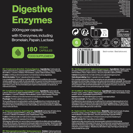 Gremošanas enzīmi - 10 enzīmi, tostarp bromelaīns un papaīns, augsta koncentrācija - 200 mg vienā kapsulā - 180 vegānas kapsulas - piemērotas visām diētām - bez piedevām, bez glutēna