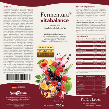 Fermentura® Vitabalance mikroelementu koncentrāts 750 ml sulas oriģināls ar 127 uzturvielām, vitamīniem, minerālvielām, tostarp 46 fermentētām dzīvībai svarīgām vielām | Vegāns, 1 mēneša krājums