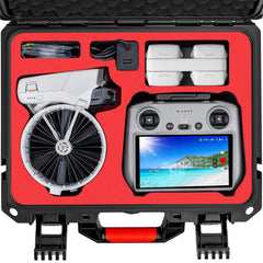 Pārnēsājams, ūdensizturīgs cietais futrālis DJI Flip Fly More Combo dronam, kurā var ievietot 7 akumulatorus, RC2/RC-N3 tālvadības pulti, uzlādes staciju, 65 W lādētāju, FLip dronu un citus piederumus.