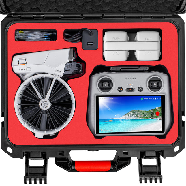 Pārnēsājams, ūdensizturīgs cietais futrālis DJI Flip Fly More Combo dronam, kurā var ievietot 7 akumulatorus, RC2/RC-N3 tālvadības pulti, uzlādes staciju, 65 W lādētāju, FLip dronu un citus piederumus.