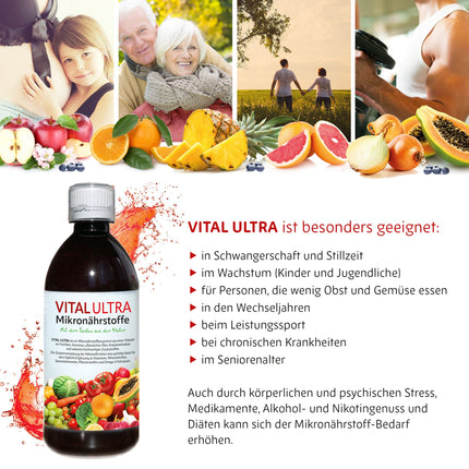 Vital Ultra - 480 ml - Mikroelementu koncentrāts ar vitamīniem, minerālvielām, mikroelementiem, augu vielām un omega-3 taukskābēm - šķidrs ēdiens, kas pagatavots no vairāk nekā 70 sastāvdaļām, līdz pat 60 porcijām
