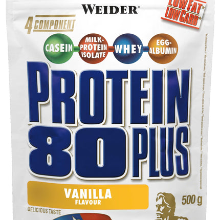Weider - Protein 80 Plus - 4 komponentu proteīna pulveris - Augsts proteīna saturs ar 80% proteīna - Krēmīgi kokteiļi ar kalciju un B6 vitamīnu - 500g - Vaniļa