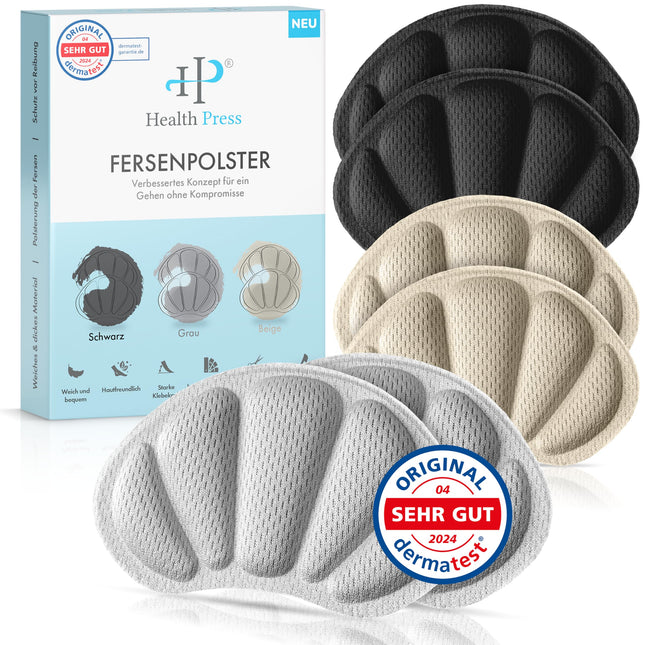 Health Press® papēžu spilventiņi apaviem – augstākās kvalitātes papēžu aizsardzības papēžu spilventiņi – 3 apavu zolīšu pāri melnā, pelēkā un bēšā krāsā – pretslīdes zolītes lieliem apaviem – papēžu aizsardzības spilventiņi berzes un tulznu novēršanai