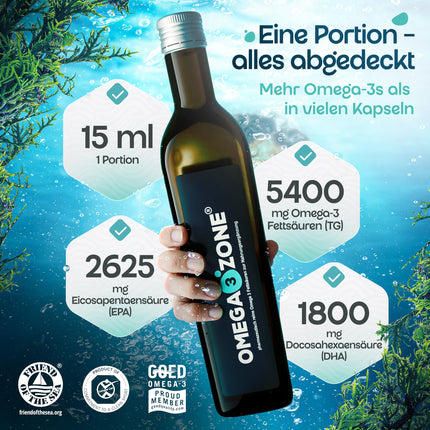omega3zone Premium Omega-3 zivju eļļas šķidrums – augsta deva: 5400 mg vienā porcijā triglicerīdu veidā – laboratorijā pārbaudīts, rūpīgi attīrīts, ražots Vācijā – 500 ml ar citrona garšu