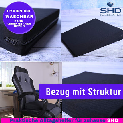 SHD Premium ķīļveida spilvens, ērts sēdekļa spilvens - ražots Vācijā, sēdekļa spilvens, biroja krēsls, ķīļveida spilvens, ratiņkrēsls, birojs, automašīna - ar mazgājamu pārvalku, 37x37x7/1 cm, melns