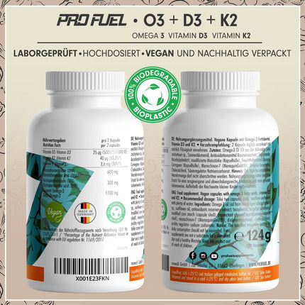 Omega-3 vegāns + D3 un K2 (90x), 1100 mg aļģu eļļas ar 600 mg DHA un 300 mg EPA + 1000 SV D3 vitamīna + 40 µg K2 vitamīna - O3 D3 K2 vegāns Essentials - Omega-3 kapsulas, augstas devas, bioloģiski pieejamas un laboratorijā pārbaudītas