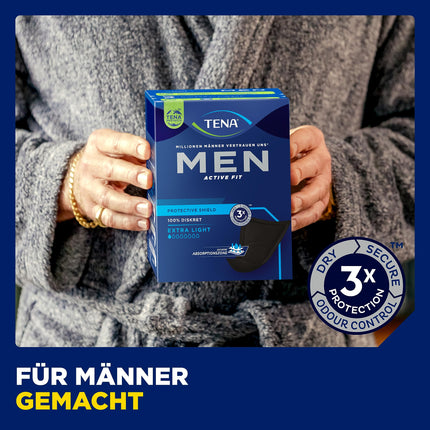 TENA MEN Protective Shield Extra Light - 112 ieliktņi mēneša iepakojumā (8 x 14), individuāli iesaiņoti - īpaši plāni higiēniskie ieliktņi vīriešiem ar ļoti nelielu urīna izdalīšanos - melni