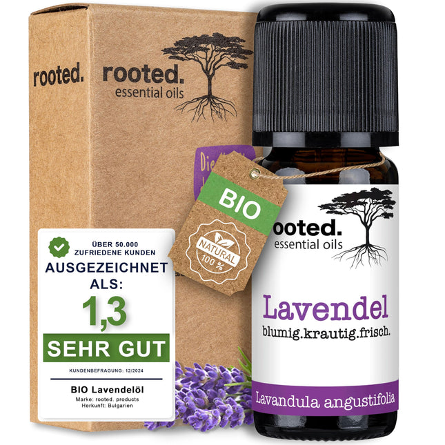 rooted.® ORGANISKĀ lavandas eļļa 10ml [100% TĪRA] - Īsta lavanda - Lavandula angustifolia - Ēteriskā eļļa aromterapijai, smaržu lampām, difuzoriem, telpu aromatizēšanai, aromātiskajām svecēm un ziepēm