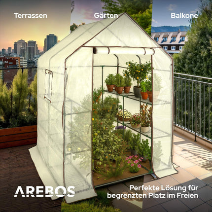 Arebos Premium tuneļa tipa siltumnīca ar 3 līmeņiem - 143 x 143 x 195 cm siltumnīca ar plauktiem un ventilācijas logu - vietu taupoša, augstas kvalitātes pavairošanas māja dārzam balkonam stallis