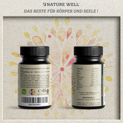 Augstas devas B vitamīnu komplekss - 180 tabletes - visi 8 svarīgākie B vitamīni bioaktīvā formā - ar folskābi, holīnu un mioinozītu (kofaktoriem), laboratoriski pārbaudīts ar sertifikātu un vegāns