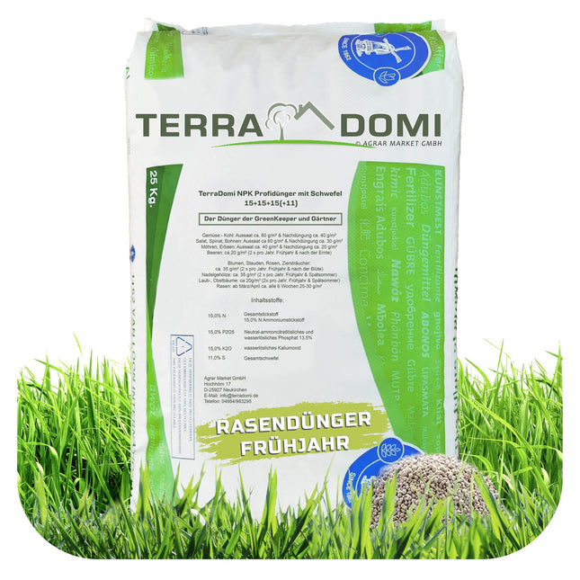 TerraDomi zāliena mēslojums pavasarim, vasarai un rudenim 25kg NPK 15-15-15 I mēslojums ar ilgstošu iedarbību I izspiež sūnas I vairāk nekā 1000 m² zāliena I mēslojums, kas piemērots izkliedēšanai | zems putekļu daudzums un papildu sēra saturs