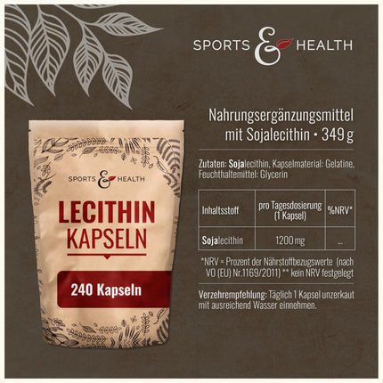 Lecitīna kapsulas - 240 mīkstās želejas kapsulas - 1200 mg dienā - Augsta deva - Sojas lecitīns, Lecitīns, Lecitīns