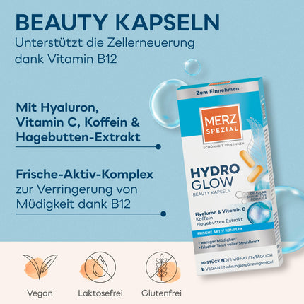Merz Spezial Hydro Glow skaistuma kapsulas – 1 x 30 kapsulas – vegānisks uztura bagātinātājs ar hialuronskābi un C vitamīnu – skaistumkopšanas rutīna jūsu ādai – skaistums no iekšienes