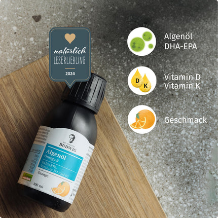 Dr. Johanna Budwig Omega 3 aļģu eļļa vegānam apelsīnu aromātam (100 ml) - augsta deva, bagāta ar DHA, EPA, D3 un K2 vitamīniem - šķidra aļģu eļļa vegānai, šķidra aļģu eļļa laboratoriski pārbaudīta