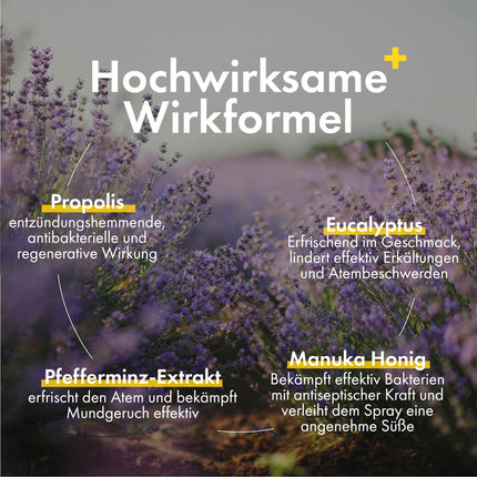 Propolisa aerosols rīkles, mutes dobuma un rīkles kopšanai - ar Jaunzēlandes Manuka medu, C vitamīnu, eikaliptu un piparmētru - mazina iekaisušu kaklu, elpošanas grūtības un sliktu elpu.