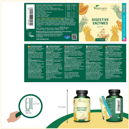 Enzīmu komplekss | Bromelaīns - Papaīns - Amilāze - Lipāze - Celulāze | Zarnās šķīstošās apvalkotās DRCaps® kapsulas | Dabīgie gremošanas enzīmi | Laboratorijā pārbaudīts | Bez piedevām | Vācu ražojums Vegavero®