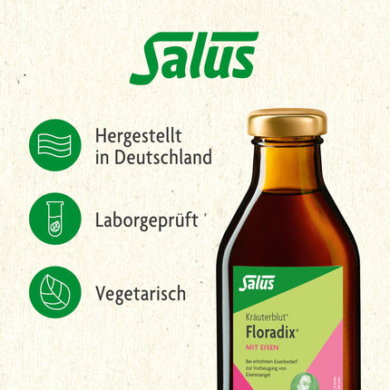 Salus Herbal Blood Floradix ar dzelzi - 1 x 500 ml - Īpašs augu izcelsmes toniks ar organiski saistītu dzelzi, augļu sulām un ārstniecības augiem - Pilnām dzelzs rezervēm dzelzs deficīta vietā