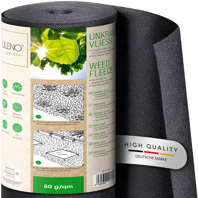 LILENO HOME nezāļu apkarošanas flīsa dārza plēve pret nezālēm 50 m² [50 g/m²] - dārza nezāļu apkarošanas plēve, ūdenscaurlaidīga - plīstizturīga nezāļu apkarošanas flīsa plēve - nezāļu apkarošanas flīsa plēve, UV izturīga [1 m x 50 m]