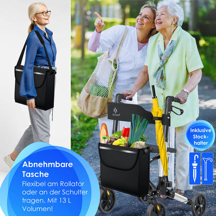 KESSER alumīnija rollatora komplekts, viegls ceļojumu rollators ar pilnu aprīkojumu, trīsvirzienu salokāms stumbram, ceļošanai un lidojumam, regulējams augstums, josta, spieķa turētājs, staigāšanas rāmis, staigāšanas palīglīdzeklis