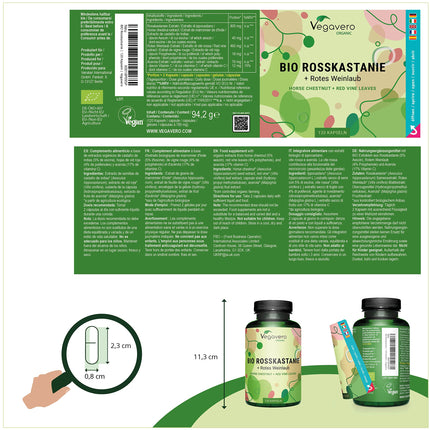 Zirgkastaņas ekstrakts Vegavero® | 100% bioloģisks | 800 mg ekstrakta ar vīnogu lapām un acerolas C vitamīnu | Cenas un veiktspējas attiecības uzvarētājs 2024* | Aescīns un polifenoli | 120 vēnu kapsulas | Vegāns un bez piedevām