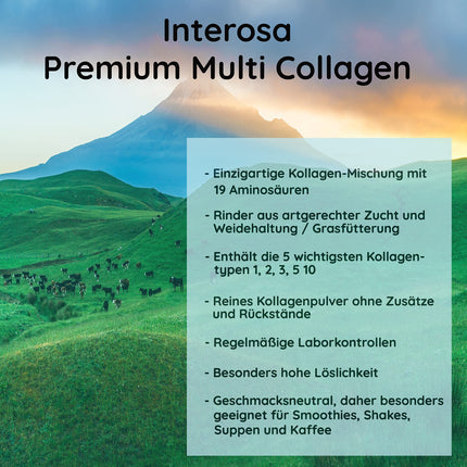 INTEROSA kolagēna pulveris 500 g - Multi kolagēna komplekss 5 veidi: 1, 2, 3, 5, 10 - augstas kvalitātes olu čaumalas membrānas peptīdi - bezgaršīgi