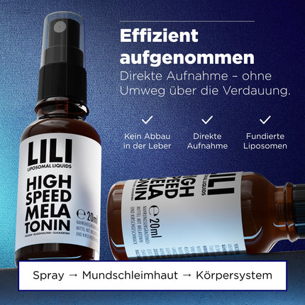 Ātrdarbīgs melatonīna aerosols – liposomāls šķidrums melatonīna aerosola veidā ar 0,5 mg melatonīna vienā izsmidzināšanas reizē | 160 izsmidzināšanas reizes | vegāns, bez alkohola un cukura