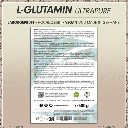 L-glutamīna pulveris 500g vegāns, optimāli augsta deva un bezgaršīgs, L-glutamīns bez piedevām, īpaši tīrs ar vairāk nekā 99,9% tīrību, no fermentācijas, laboratorijā pārbaudīts, piegādā 50 dienas