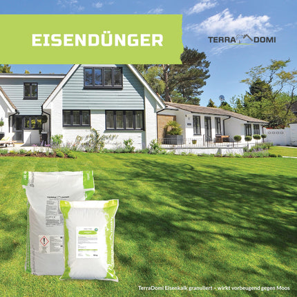 TerraDomi dzelzs mēslojums 25 kg apm. 1000 m² | Turbomēslojums, kas pielāgots zālieniem ar sūnām | Granulēts, piemērots izkliedētājiem un bez putekļiem