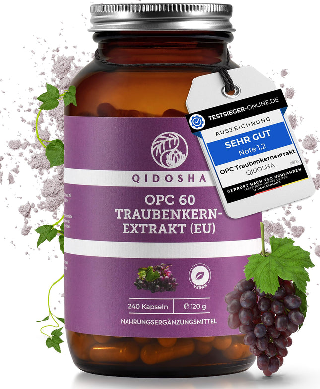 QIDOSHA® Premium OPC vīnogu kauliņu ekstrakts ar augstu devu I TESTA UZVARĒTĀJS 08/2023* I 240 kapsulas burciņā I Vīnogu kauliņu ekstrakta kapsulas ar augstu devu ar 60% tīra OPC I Vegāns